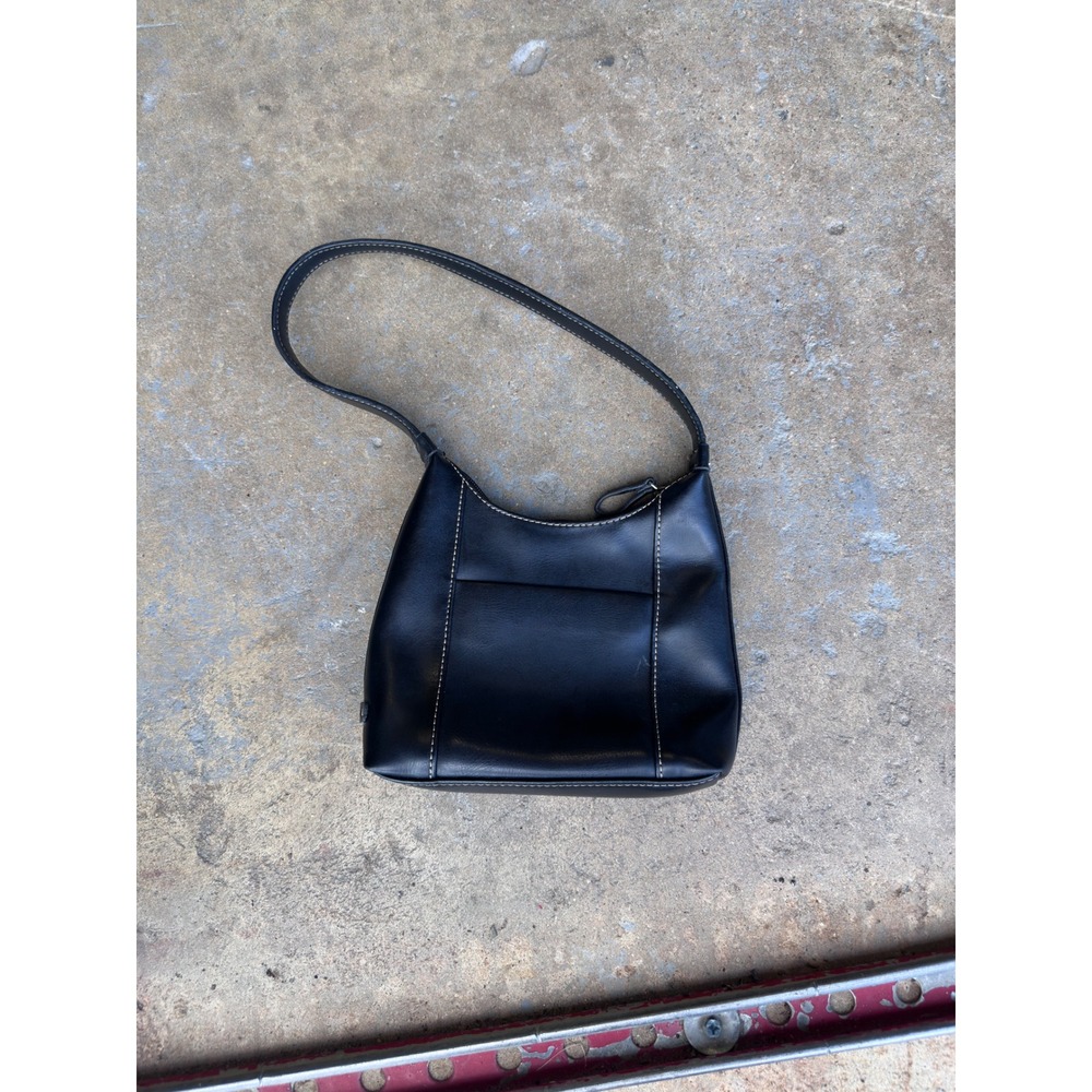 Nine West Black Faux Leather Shoulder Bag White Contrast Stitch Baguette Hobo